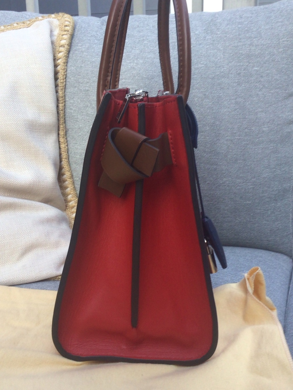 Louis Vuitton Red and Brown Leather Satchel with Navy Tag - Picture 2 of 7
